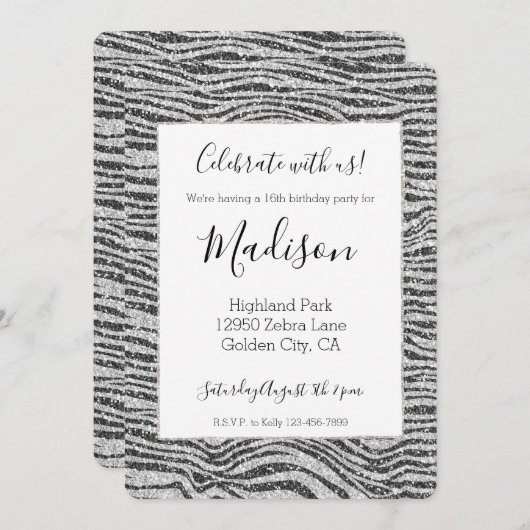 Invitation Parties scintillant d'impression Silver Black Glit (Devant / Derrière)