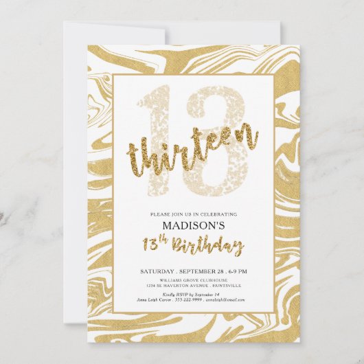 Invitation Parties scintillant d'or 13ème anniversaire Script (Devant)