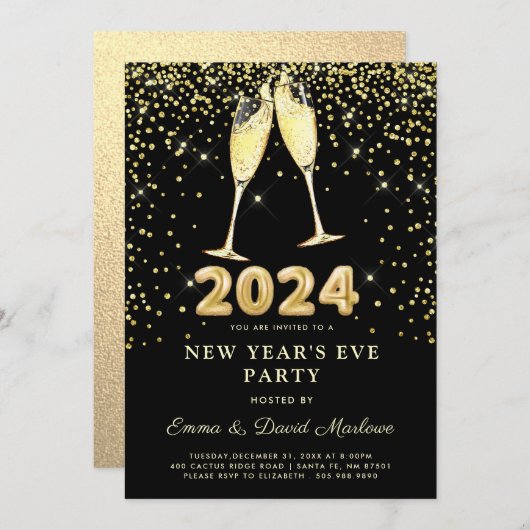 Invitation Parties scintillant d'or 2024 du Nouvel An sur Noi (Devant / Derrière)
