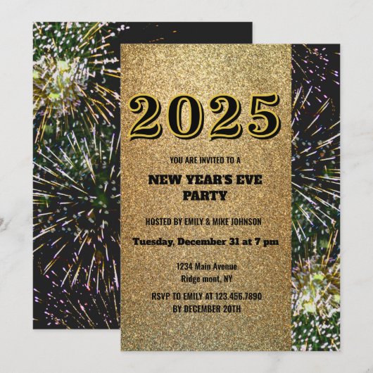Invitation Parties scintillant d'or 2025 Feu d'or de la veill (Devant / Derrière)