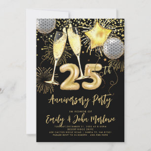 Invitation parties scintillant d'or 25e anniversaire Confetti