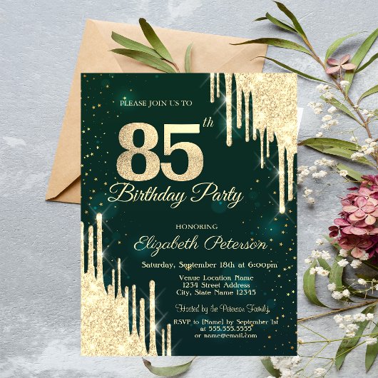 Invitation Parties scintillant d'or 30 Vert 85 Anniversaire