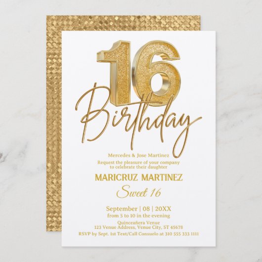 Invitation Parties scintillant d'or 3D moderne Sweet 16e anni (Devant / Derrière)