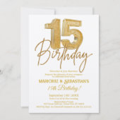 Invitation Parties scintillant d'or 3D moderne Twins 15e anni (Devant)