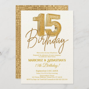 Invitation Parties scintillant d'or 3D moderne Twins 15e anni