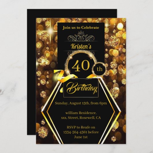 Invitation Parties scintillant d'or 40e anniversaire Invitati (Devant / Derrière)