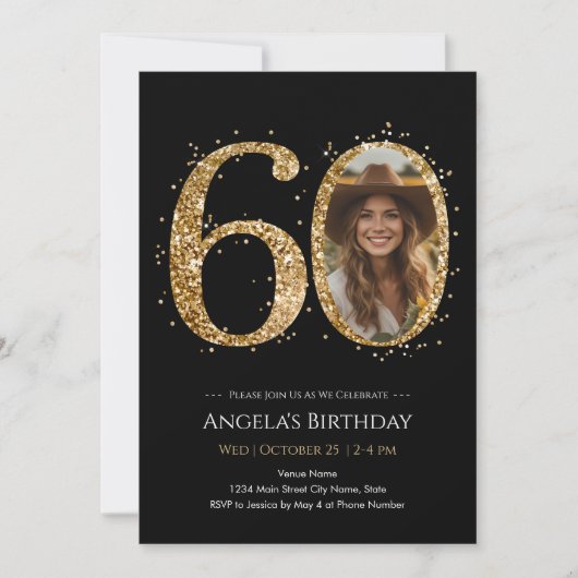 Invitation Parties scintillant d'or 60e anniversaire Photo (Devant)