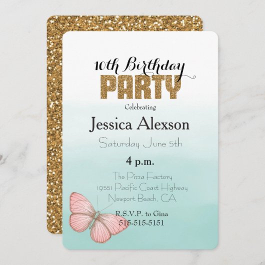 Invitation Parties scintillant d'or à papillon rose Aqua Mint (Devant / Derrière)
