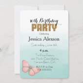 Invitation Parties scintillant d'or à papillon rose Aqua Mint (Devant)