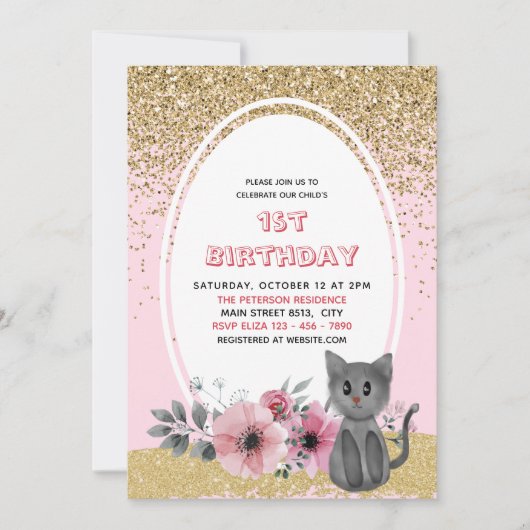 Invitation Parties scintillant d'or Adorable Aquarelle Kitten (Devant)