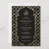 Invitation Parties scintillant d'or antique Cadre noir musulm (Devant)