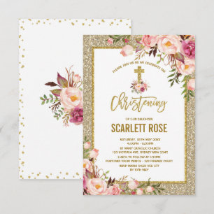 Invitation Parties scintillant d'or Aquarelle Floral Fille Ch