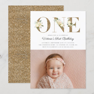 Invitation Parties scintillant d'or Aquarelle Florale Photo 1