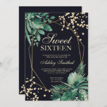 Invitation Parties scintillant d'or aquarelle tropicale marin<br><div class="desc">Aquarelle de palme tropicale verte et parties scintillant d'or typographie de confettis Sweet 16 anniversaire avec des branches de feuilles d'aquarelle peintes à la main sur bleu foncé,  parfait pour les fêtes d'anniversaire du printemps et de l'été.</div>