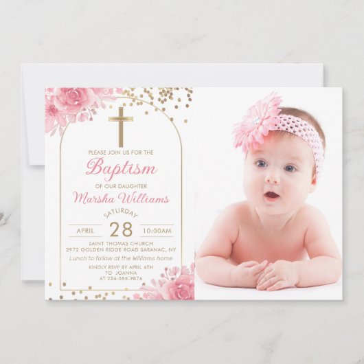 Invitation Parties scintillant d'or Arch rose florale fille B (Devant)
