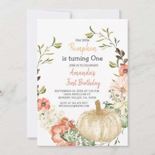 Invitation Parties scintillant d'or automne Citrouille 1er an (Devant)