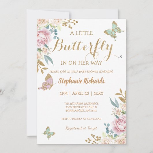Invitation Parties scintillant d'or Baby shower Rose petit pa (Devant)