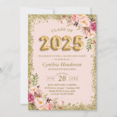 Invitation Parties scintillant d'or Ballons floraux rose 2023 (Devant)