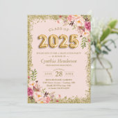 Invitation Parties scintillant d'or Ballons floraux rose 2023 (Debout devant)