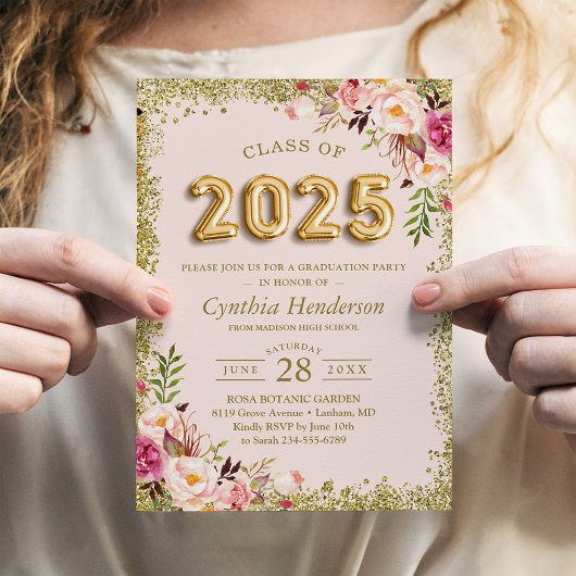 Invitation Parties scintillant d'or Ballons floraux rose 2023