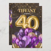Invitation Parties scintillant d'or Ballons pourpres 40e fête (Devant / Derrière)