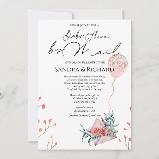 Invitation Parties scintillant d'or Ballons rose Floral Douch (Devant)