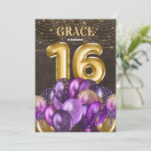 Invitation Parties scintillant d'or Ballons violets 16e fête  (Debout devant)