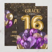 Invitation Parties scintillant d'or Ballons violets 16e fête  (Devant / Derrière)