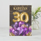 Invitation Parties scintillant d'or Ballons violets 30e fête  (Debout devant)