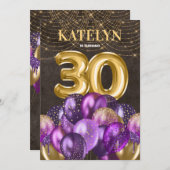 Invitation Parties scintillant d'or Ballons violets 30e fête  (Devant / Derrière)