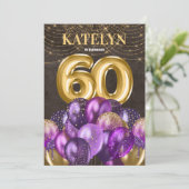 Invitation Parties scintillant d'or Ballons violets 60e fête  (Debout devant)