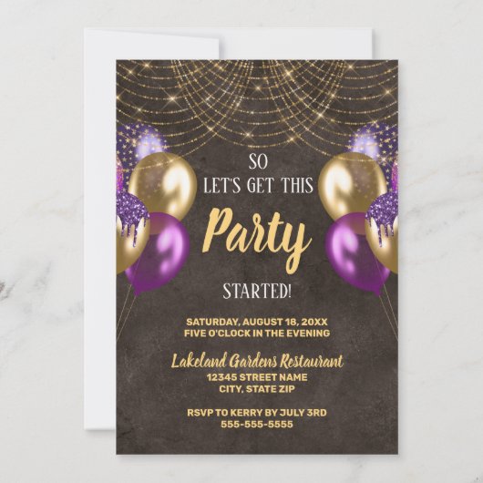 Invitation Parties scintillant d'or Ballons violets 60e fête  (Dos)