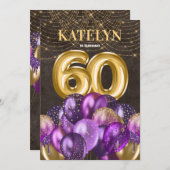 Invitation Parties scintillant d'or Ballons violets 60e fête  (Devant / Derrière)