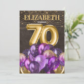 Invitation Parties scintillant d'or Ballons violets 70e fête  (Debout devant)