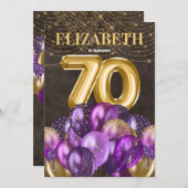 Invitation Parties scintillant d'or Ballons violets 70e fête  (Devant / Derrière)