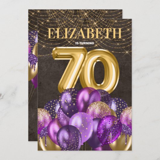 Invitation Parties scintillant d'or Ballons violets 70e fête  (Devant / Derrière)