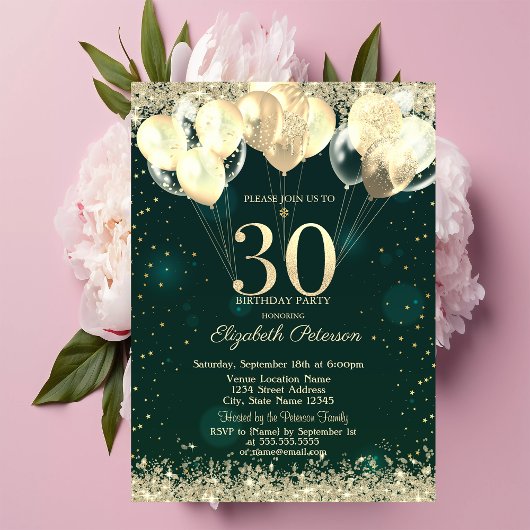 Invitation Parties scintillant d'or Balloons Confetti Vert 30