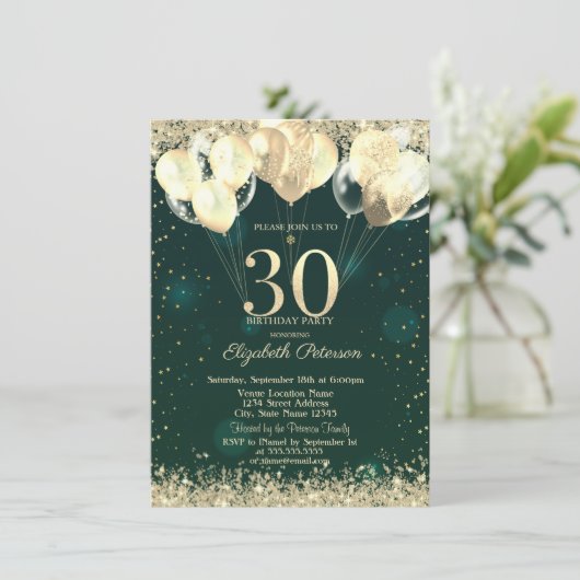 Invitation Parties scintillant d'or Balloons Confetti Vert 30 (Debout devant)