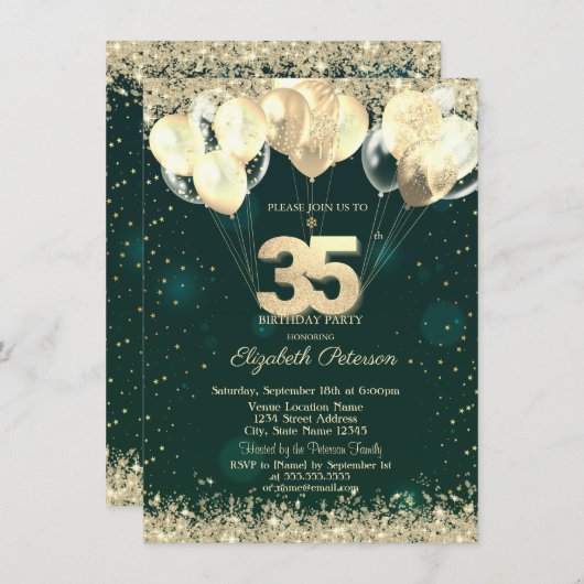 Invitation Parties scintillant d'or Balloons Confetti Vert 35 (Devant / Derrière)