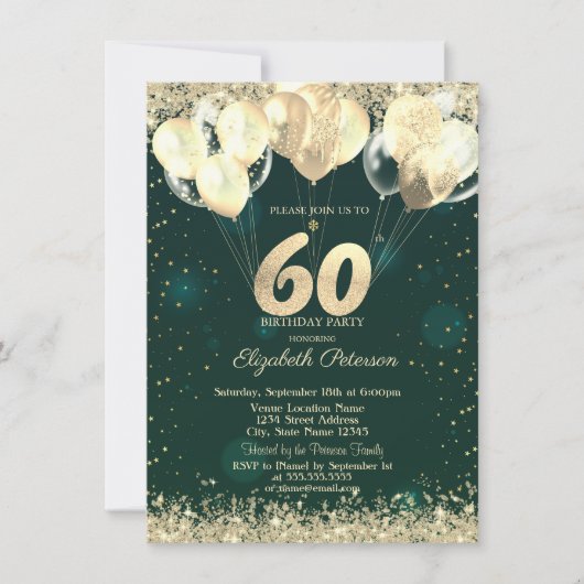 Invitation Parties scintillant d'or Balloons Confetti Vert 60 (Devant)