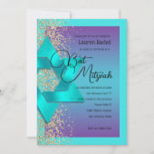 Invitation Parties scintillant d'or bat mitzvah Turquoise Pur (Devant)