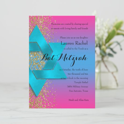 Invitation Parties scintillant d'or bat mitzvah Turquoise Ros (Debout devant)