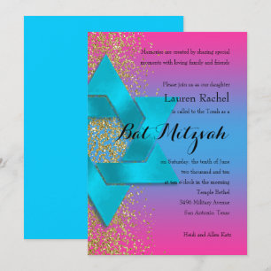 Invitation Parties scintillant d'or bat mitzvah Turquoise Ros