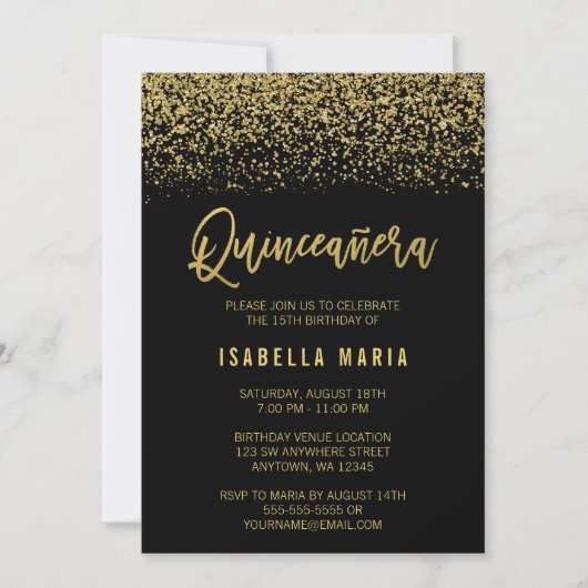 Invitation Parties scintillant d'or Black Faux Quinceanera (Devant)