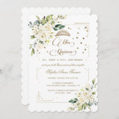 Invitation Parties scintillant d'or Blanc Floral Mis Quince Q (Devant / Derrière)
