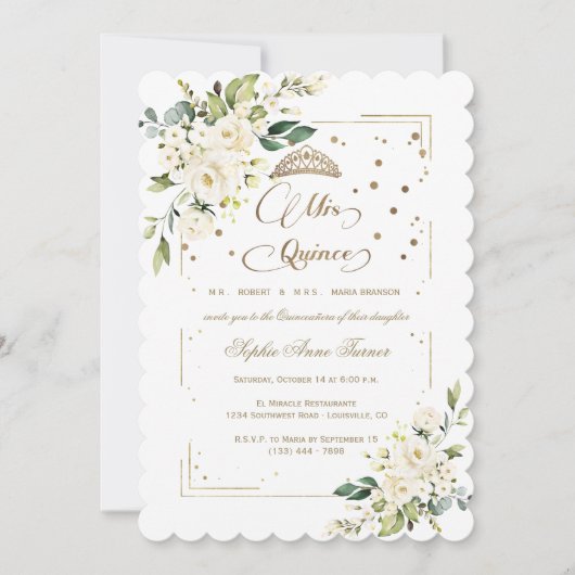Invitation Parties scintillant d'or Blanc Floral Mis Quince Q (Devant)