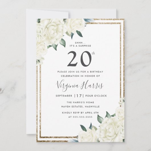 Invitation Parties scintillant d'or Blanc Floral Vingt-vingti (Devant)