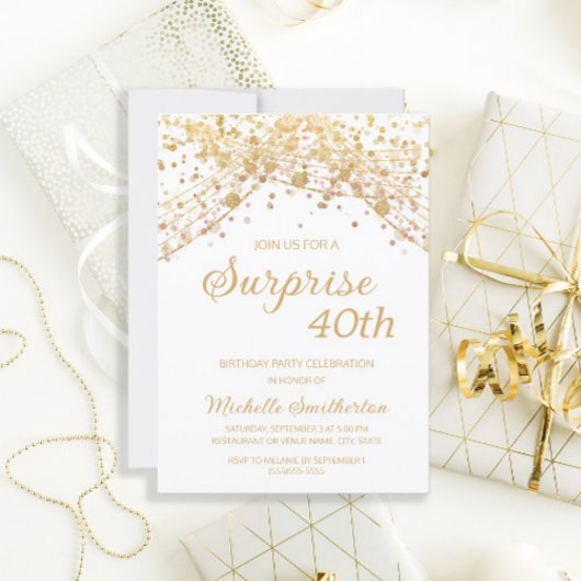 Invitation Parties scintillant d'or blanc Surprise 40e annive