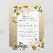 Invitation Parties scintillant d'or Bleu blanc Floral élégant (Devant / Derrière)