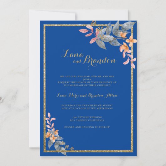 Invitation Parties scintillant d'or bleu ciel orange rose Mar (Devant)